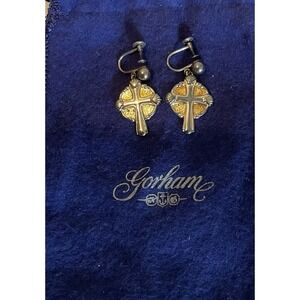 Vintage Gorham Sterling Silver Vermeil Cross Dangle Screw Clip Earrings